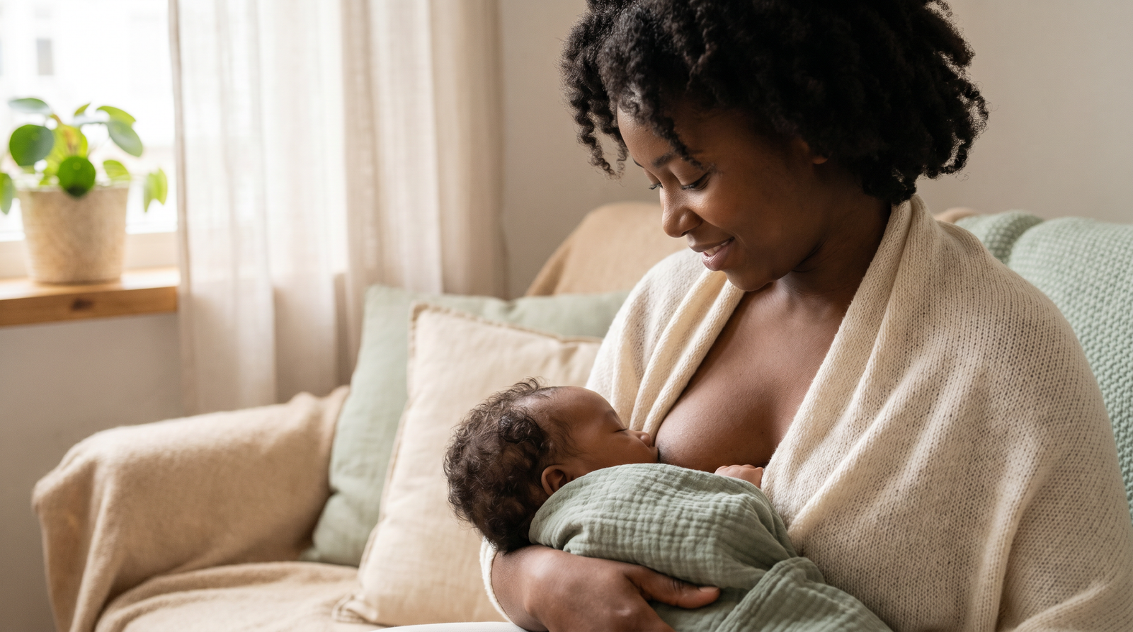 A mother nursing her baby on a soft sage couch