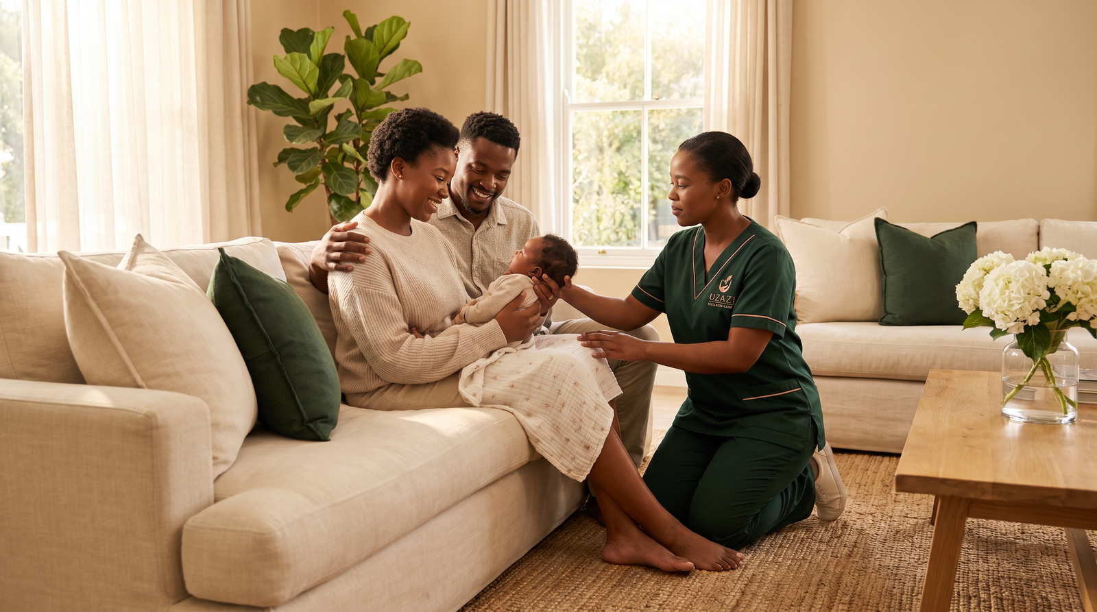 Uzazi Wellness Care caregiver supporting a new mother, father, and newborn at home