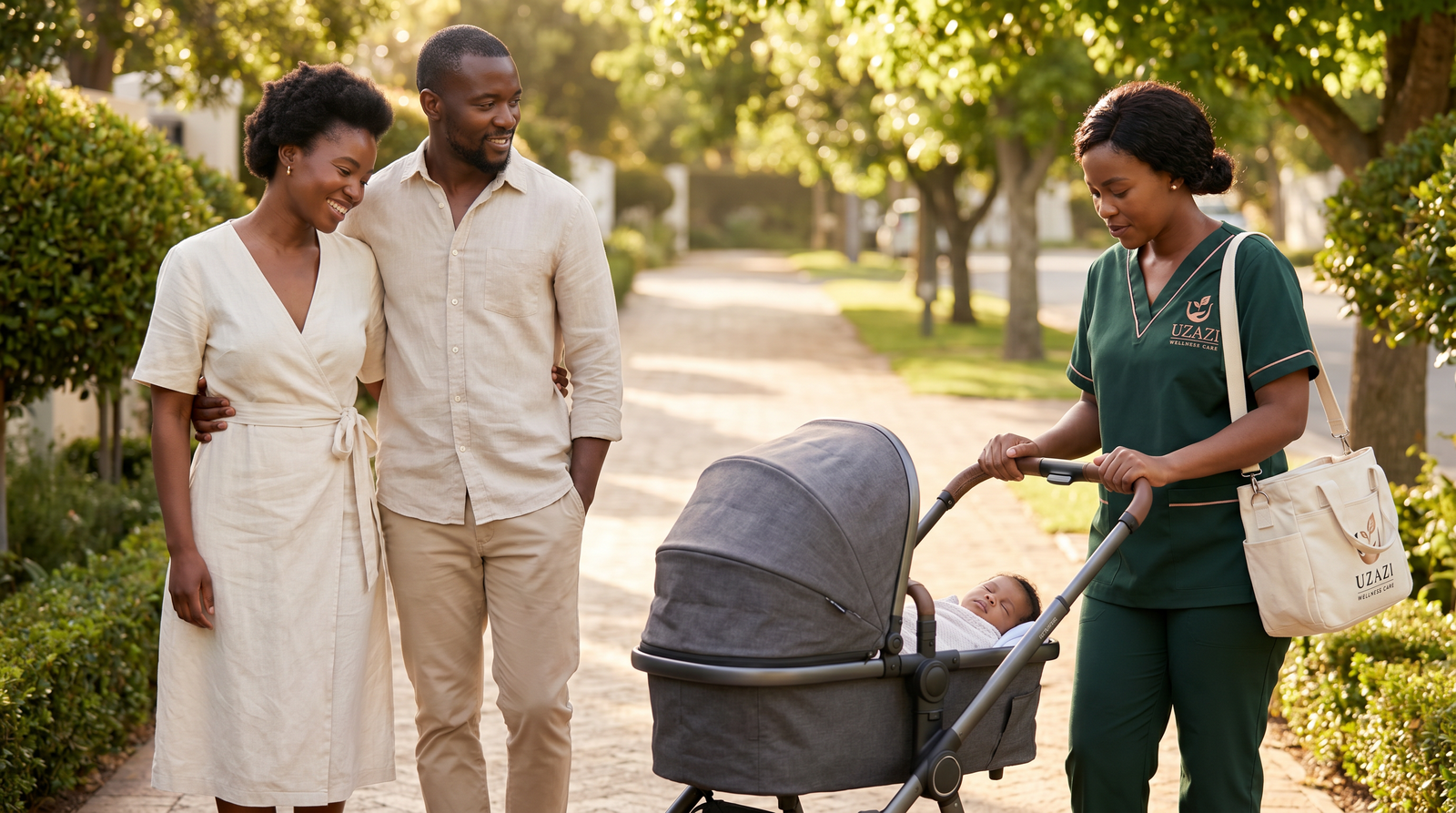 Uzazi Wellness Care caregiver pushing the stroller and carrying the baby bag while parents walk alongside